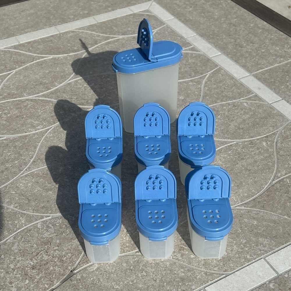 Tupperware Modular Mates Spice Shaker Set 7pc Blue Lid Vintage 1843 1845 Plastic